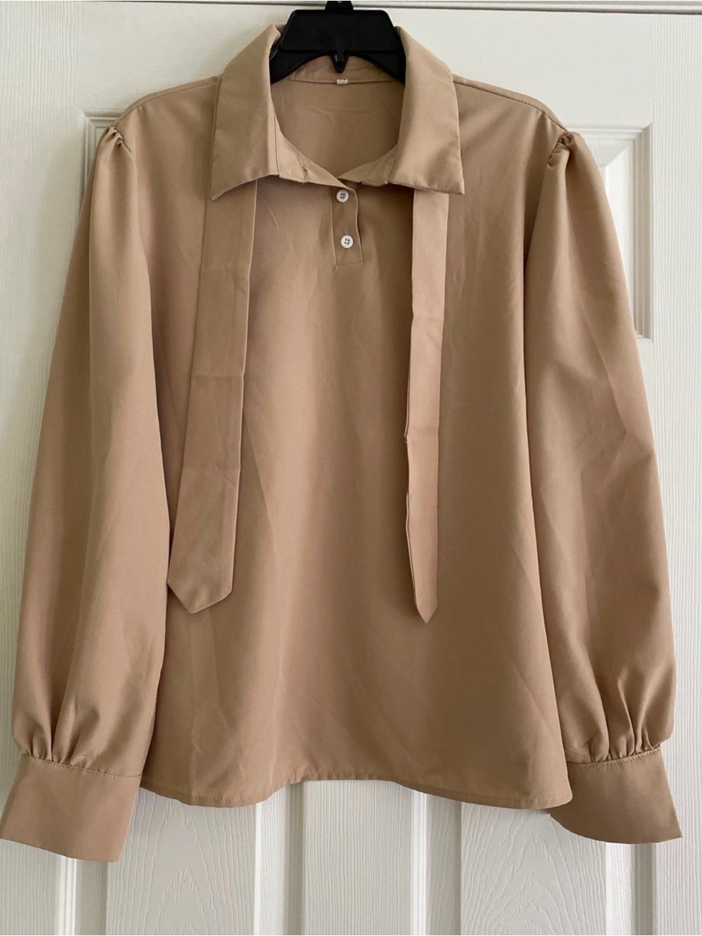 Tie-Neck Long Sleeve Blouse - Camel